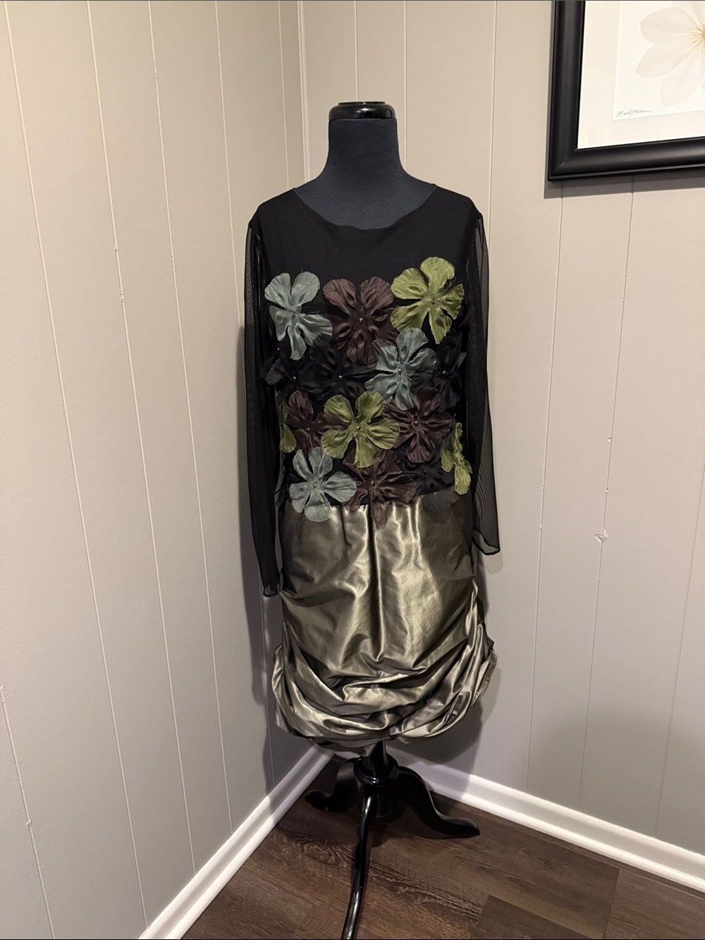 Nina Raynor Women’s 14 Plus Black Mesh Midi Dress Olive Shirt Floral Appliqués